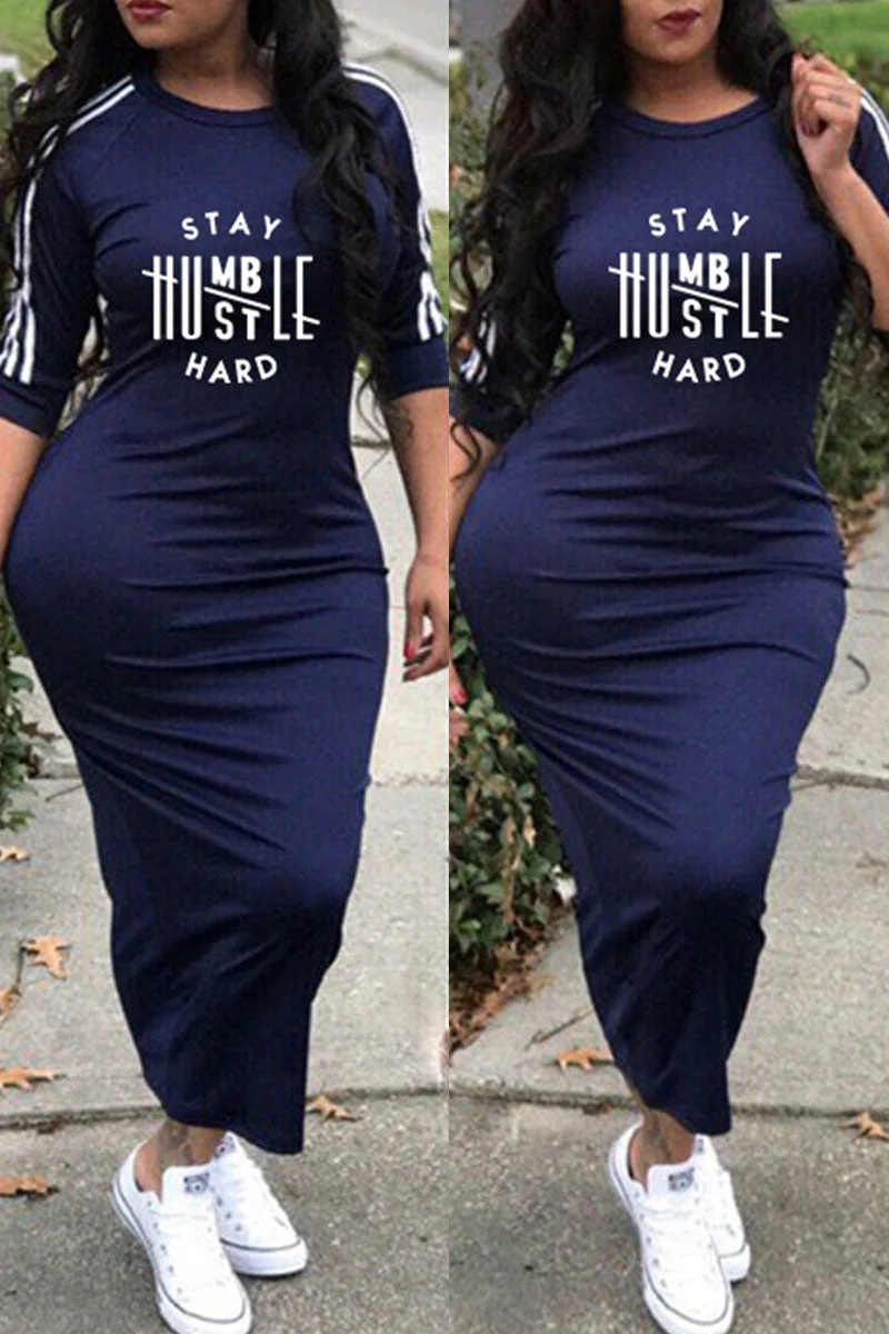 Fashion Casual Letter Print Split Joint O Neck Dresses