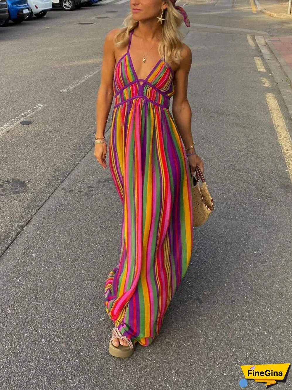 Rainbow Stripe Print Charming V-Neck Maxi Dress