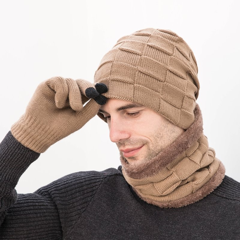 Outdoor Warm Three Piece Plush Knitted Men's Pullover Hat