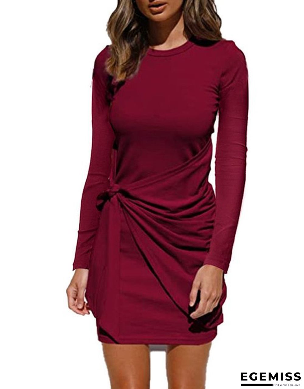 Casual Solid Color Knotted Pleated Long Sleeve Dress Women | EGEMISS