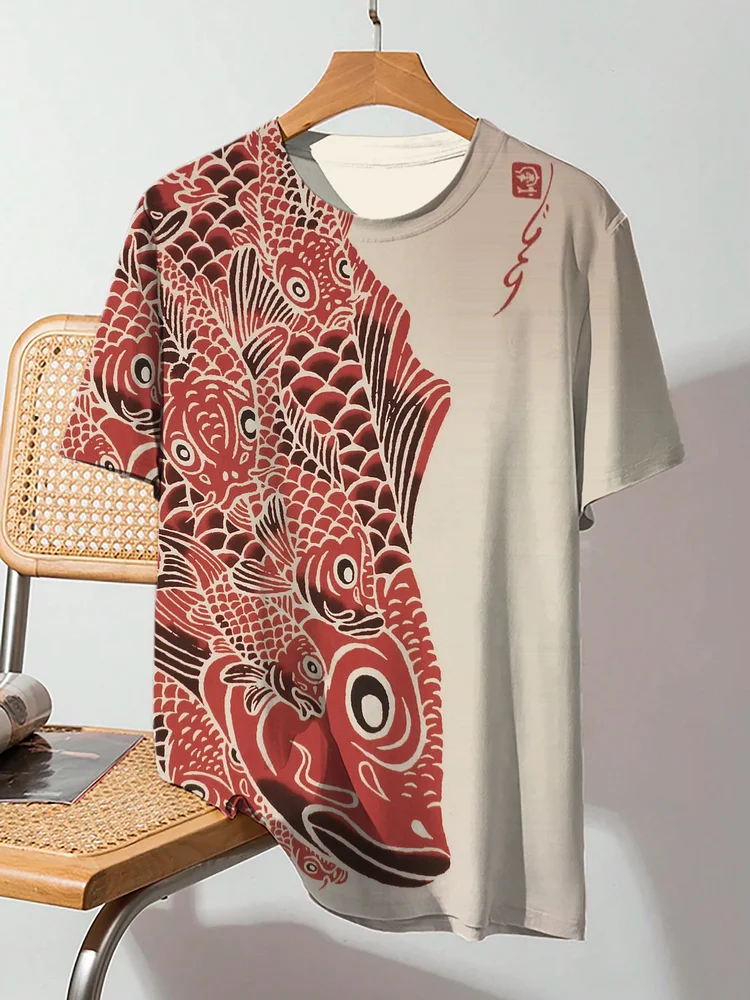 Men's Japanese Art Koi Print Casual T-Shirt