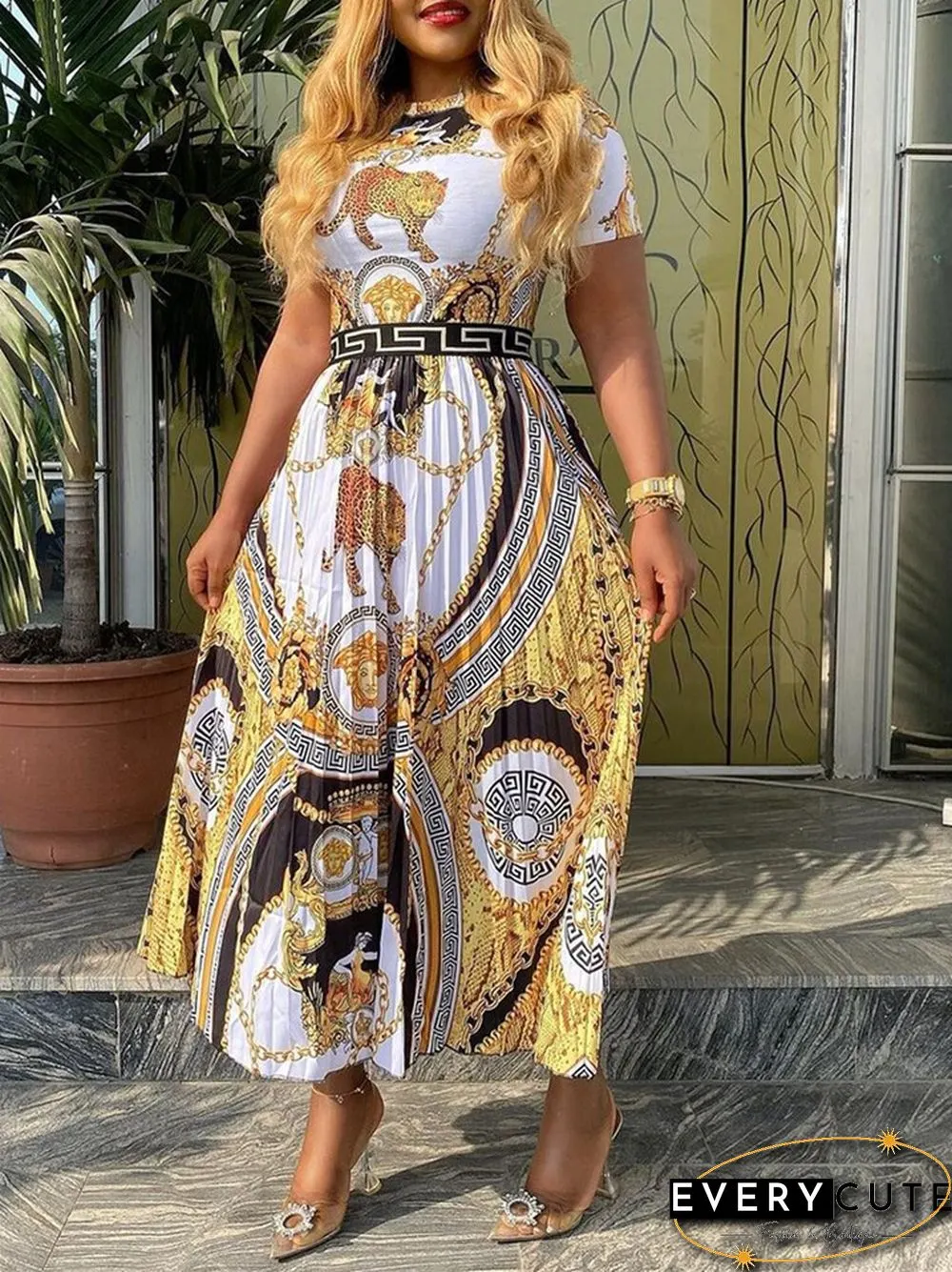 Large Fashion High Waist Long Skirt Print Temperament Commuter Pleated Dress