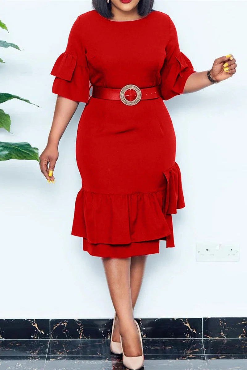 Fashion Casual Solid Split Joint Flounce With Belt O Neck Dresses