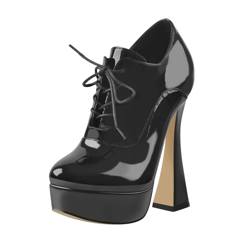 Onlymaker Women Platform Lace-Up Pumps Black PU Patent Leather Faux Suede Spike High Heels Shoes Office Lady Concise For Spring