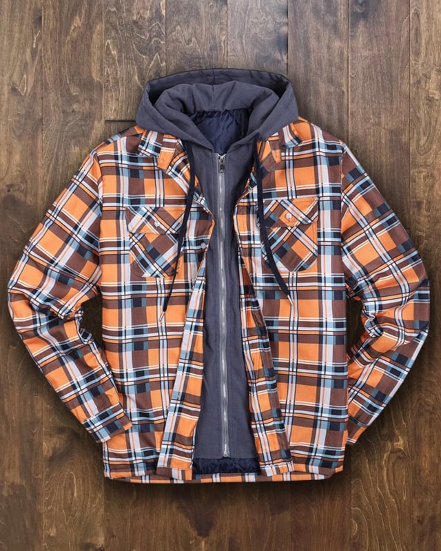 Men's Autumn and Winter Plaid Long Sleeve Loose Hooded Jacket