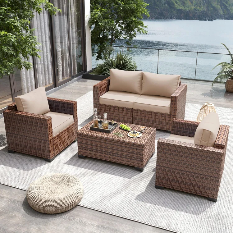 Outdoor Patio Furniture, 4 Pieces Outdoor Sectional Patio Set with Storage Coffee Table and Khaki Cushions, Patio Loveseats Balcony Furniture for Small Space