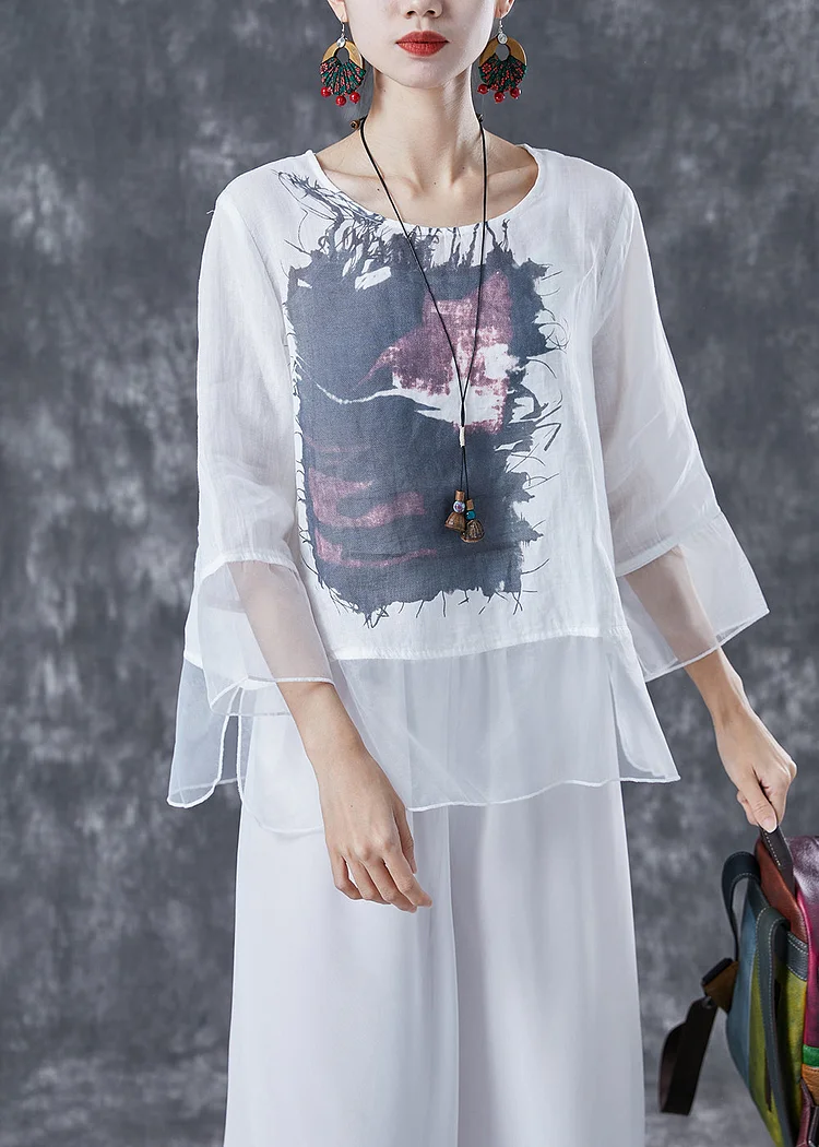 White Print Patchwork Organza Linen Shirt Top Bracelet Sleeve