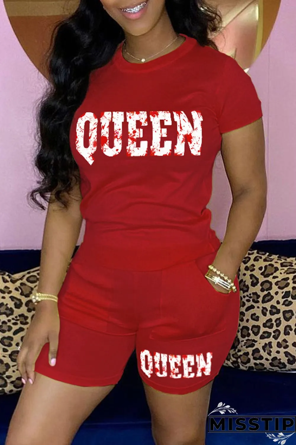 Black Casual Letter Print Basic O Neck Short Sleeve Two Pieces