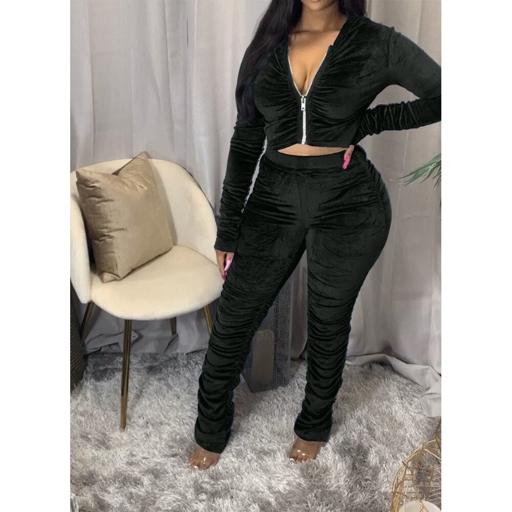 Winter Velvet Stacked Women's Set Zipper Hoodies Ruched Pants Set Sport Tracksuit Two Piece Outfit Active Sweatsuit