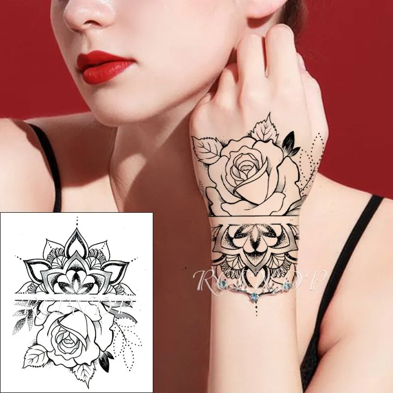 Waterproof Temporary Tattoo Sticker Flower Rose Fake Tatto Flash Tatoo Hand Arm palm finger Back Tato body art for Women Men
