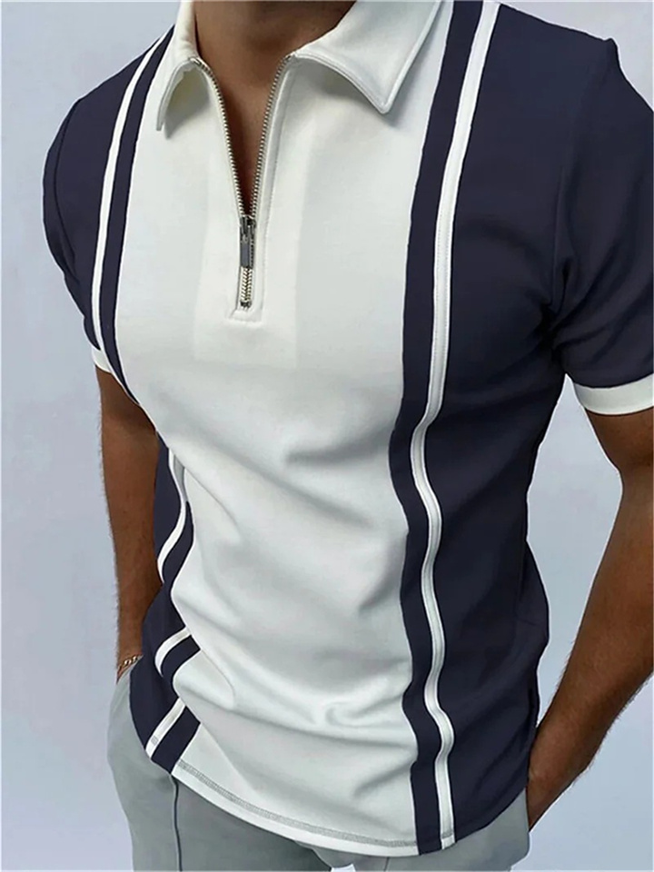 Men's Polo Shirt Golf Shirt Zip Polo Quarter Zip Polo Striped Turndown Navy Blue Gray 3D Print Casual Daily Short Sleeve Zipper Print Clothing Apparel Sports Fashion Casual Comfortable
