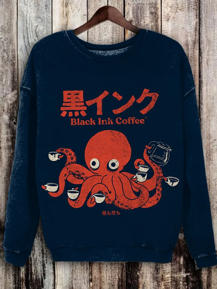 Women's Octopus Coffee Japanese Art Print Casual Sweatshirt