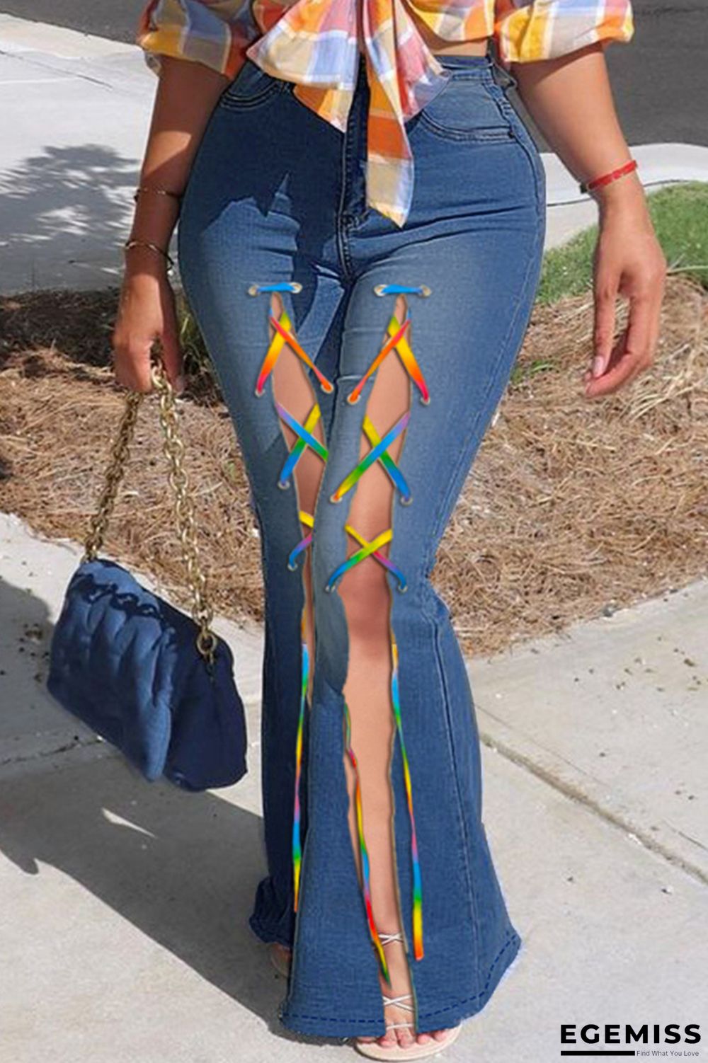 Blue Fashion Casual Solid Bandage Slit High Waist Regular Jeans | EGEMISS