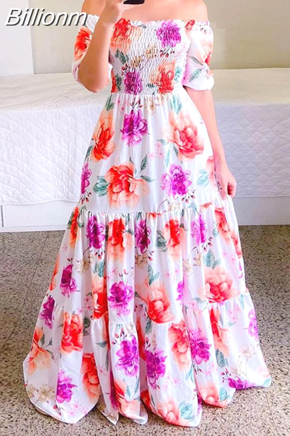 Billionm Off The Shoulder Tube Top Dress Butterfly Rainbow Floral Print Dress Ladies Elegant Slim Summer Bohemian Party Maxi Dresses