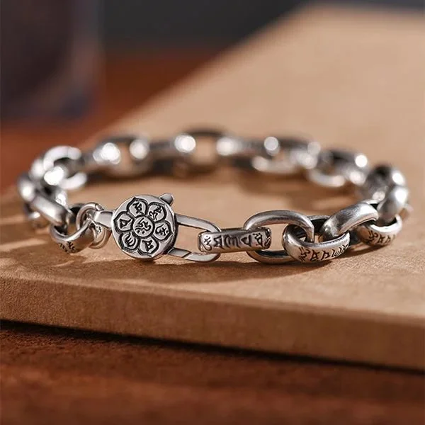 925 Silver Six Character Truth Vajra Pestle Link Chain Bracelet