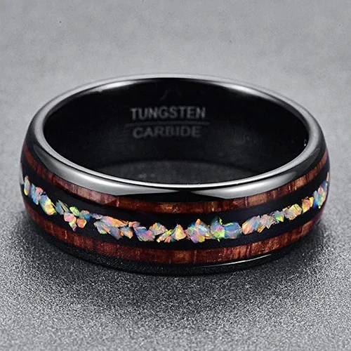 8MM Women's or Men's Tungsten Carbide Wedding Matching Rings with Black Tone Wood and Rainbow Opal Inlay
