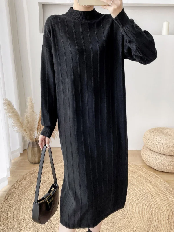 Casual 3 Colors Striped High-Neck Long Sleeves Sweater Dress