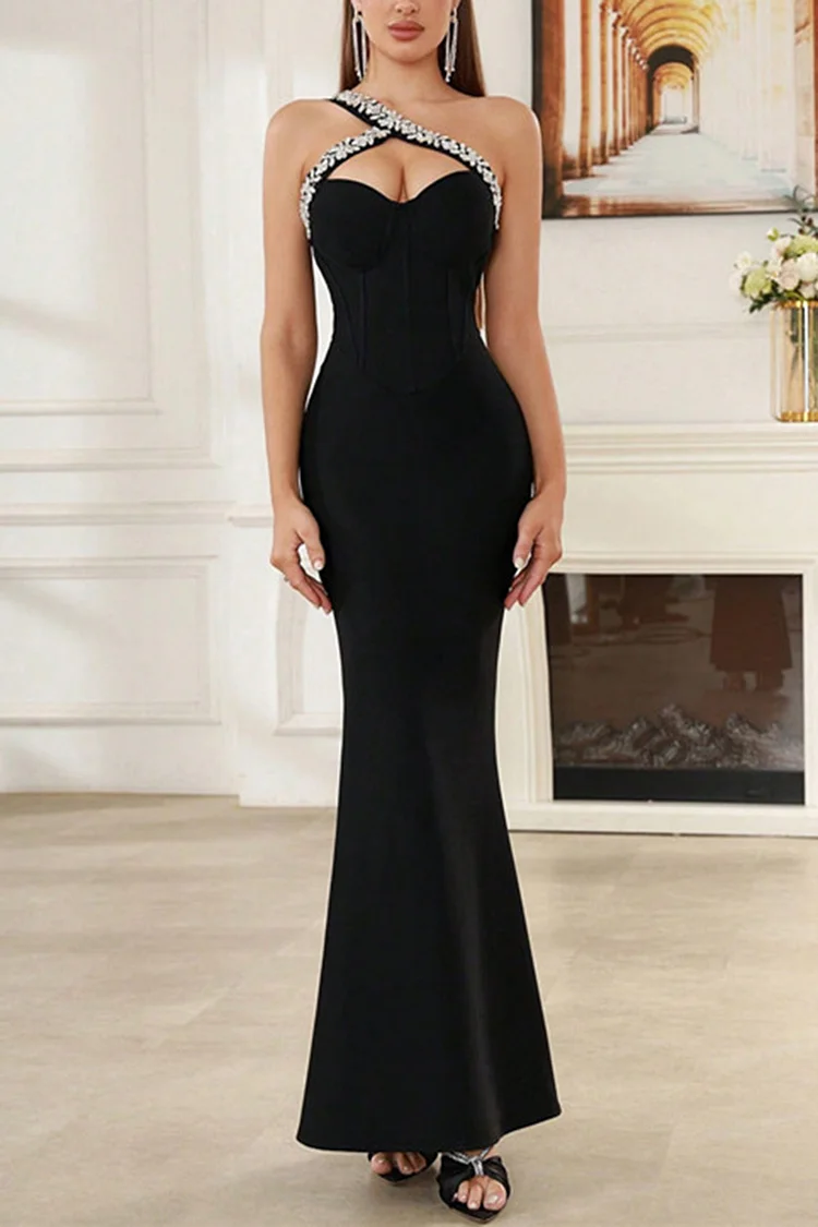 Rhinestone Trim One Shoulder Mermaid Maxi Dress-Black