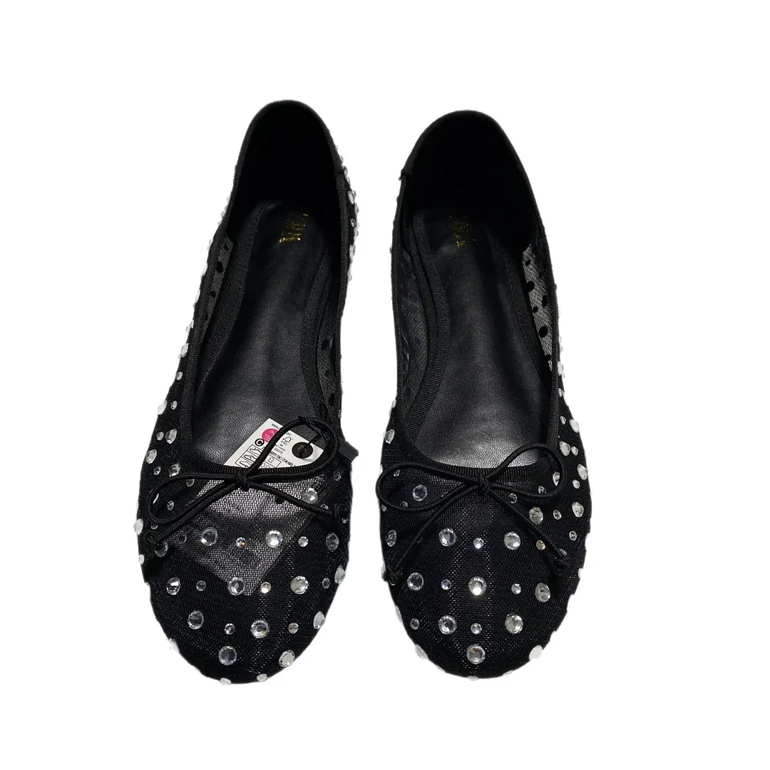 Breakj Breakj Home 2025 New Fashion Women's Shoes Beige Bow Decorated Full Of Stars Ballet Wind Flat Shoes Comfortable