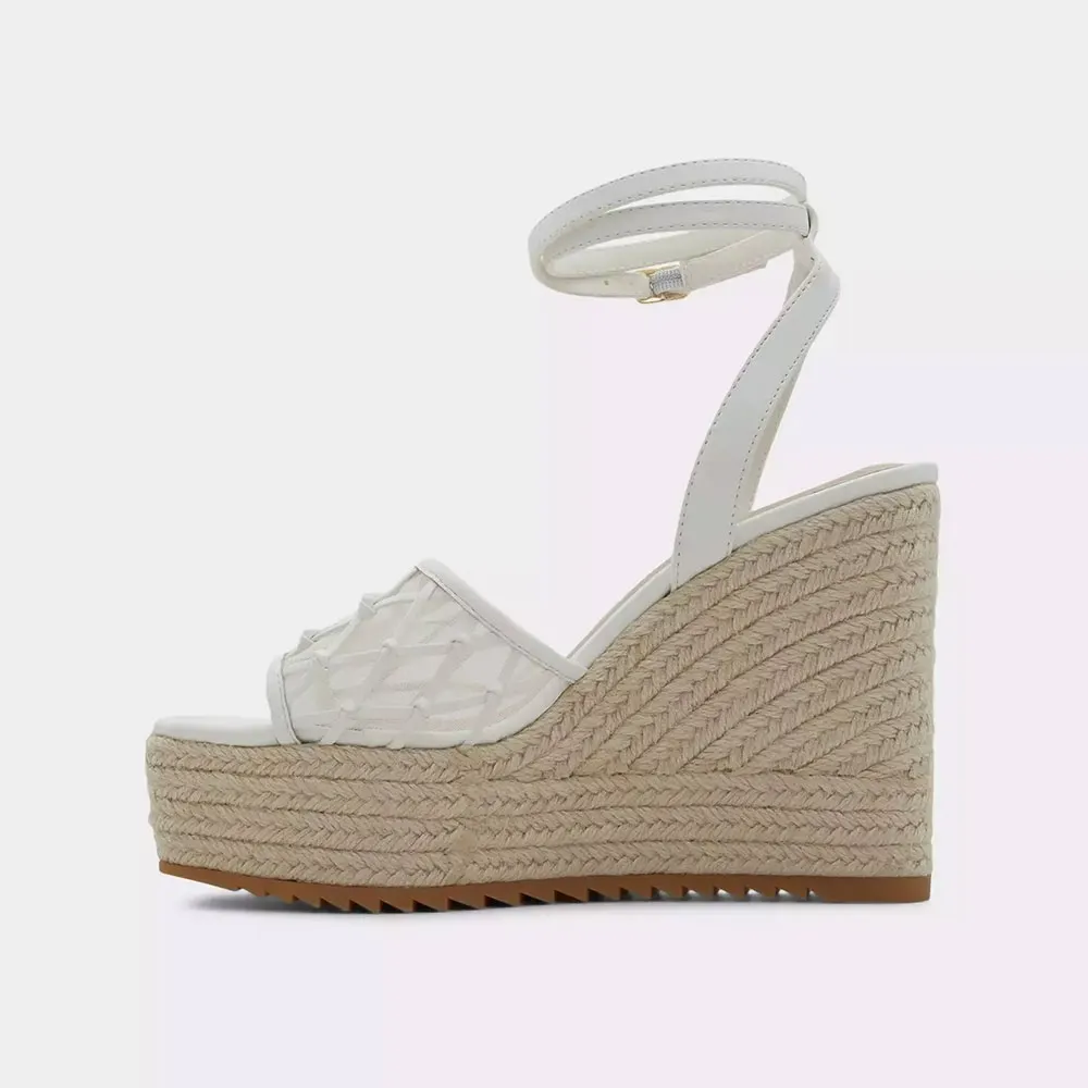 White Fishnet Open Toe Platform Espadrille Wedge Sandals for Women