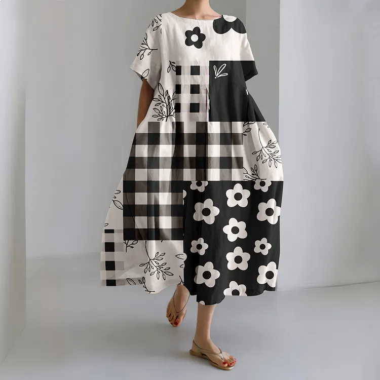 Japanese-Style Splicing Flowers Art Linen Blend Maxi Dress