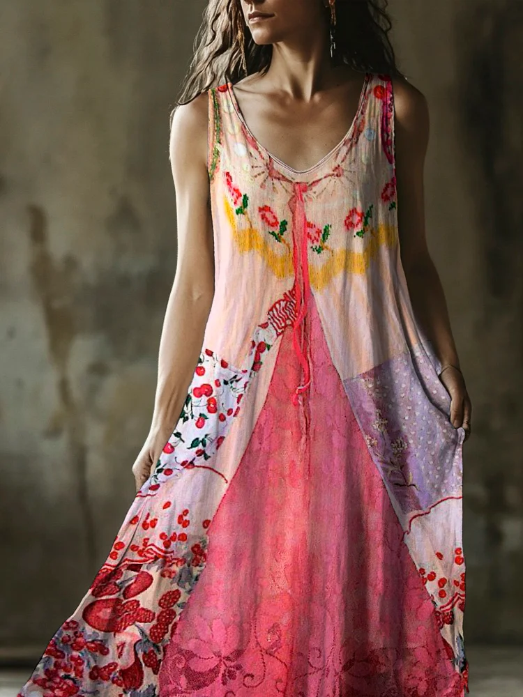 Vintage Floral Lace Patchwork Art Women's Linen Vest Dress