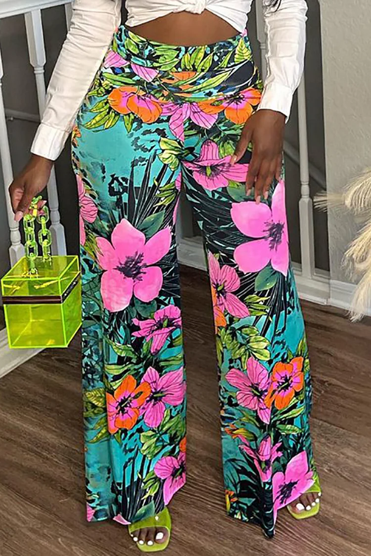 Plus Size Casual Floral Print Hight Waist Wide Leg Pants