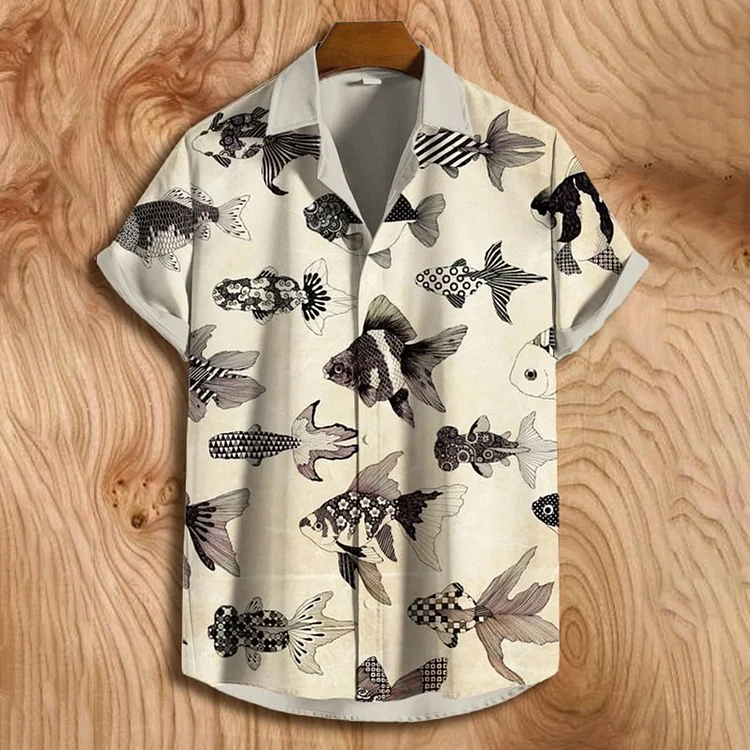Men's Patterned Goldfish Japanese Art Print Hawaiian Short Sleeve Shirt