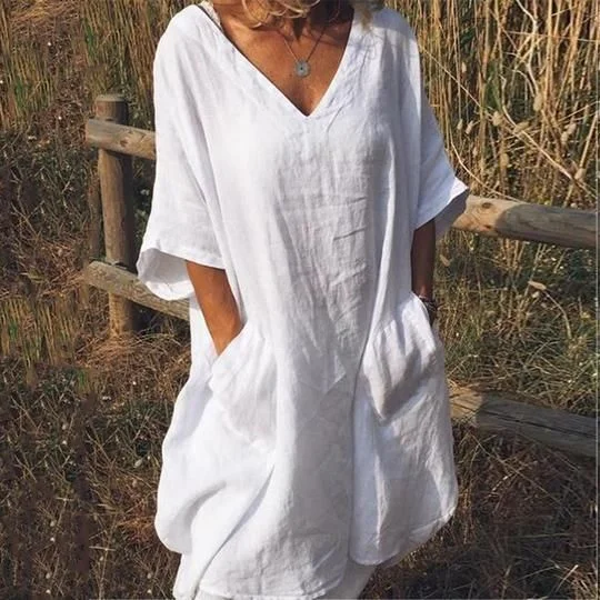 Comfortable linen and cotton midi dress with pocket and V-neck