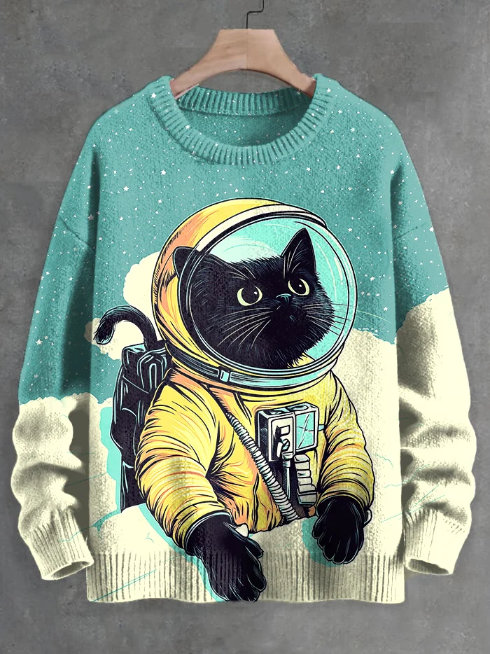 Men's Black Cat Astronaut Snowy Scenery Print Knit Sweatshirt