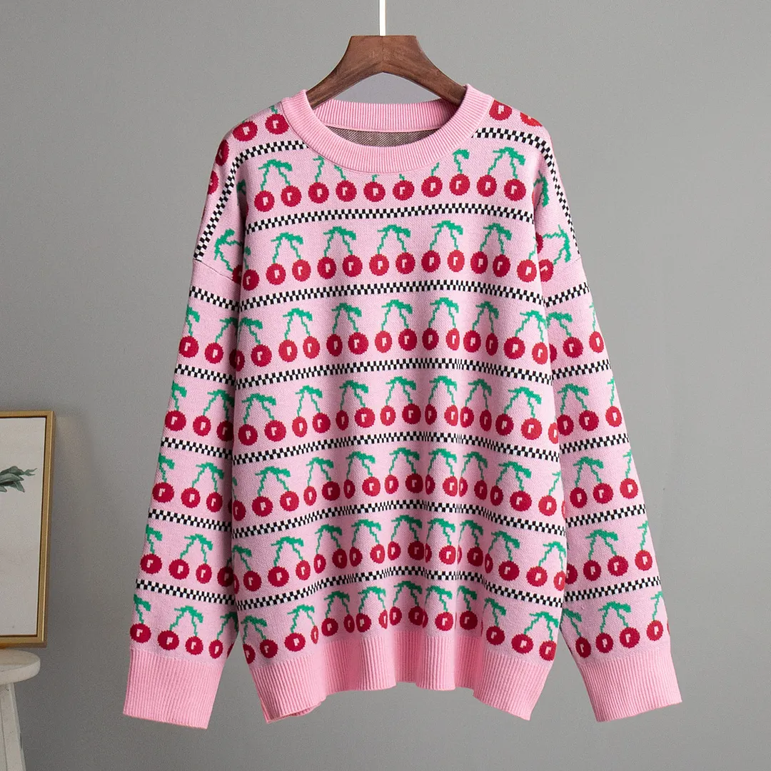 Churchf Churchf Neck Cherry Sweater Fall 2024 New Vintage Knit Cherry Round Neck Sweater