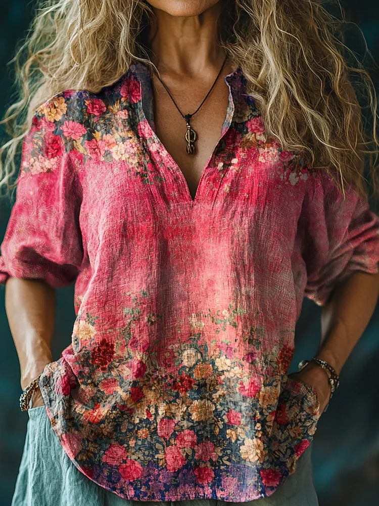 Girls Vintage Floral Art Print Casual Linen V Neck Shirt