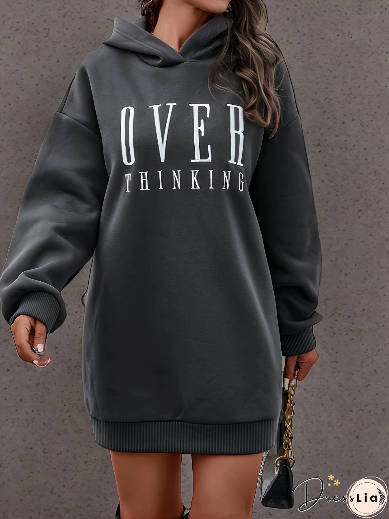xieyinshe Letter Print Simple Hoodie, Casual Long Sleeve Drop Shoulder Hoodie, Women's Clothing