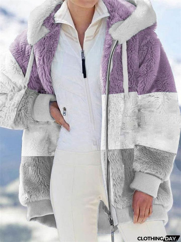 Ladies Warm Fleece Patchwork Full Zipper Hooded Coat
