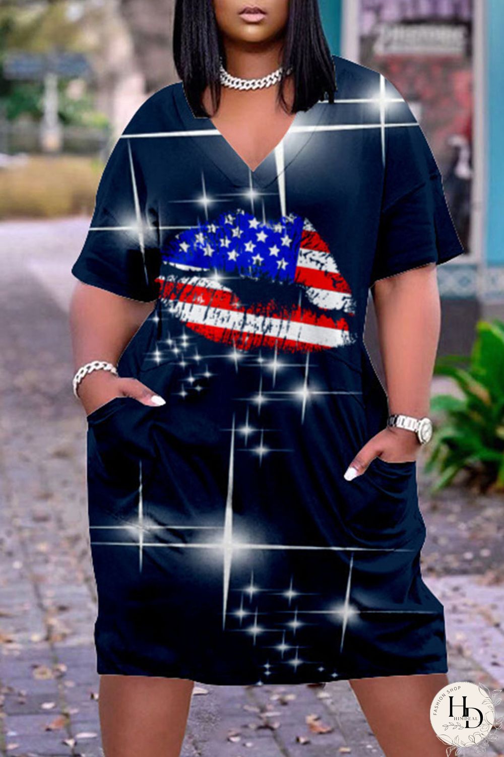 White Blue Red Casual Print Patchwork V Neck Dresses