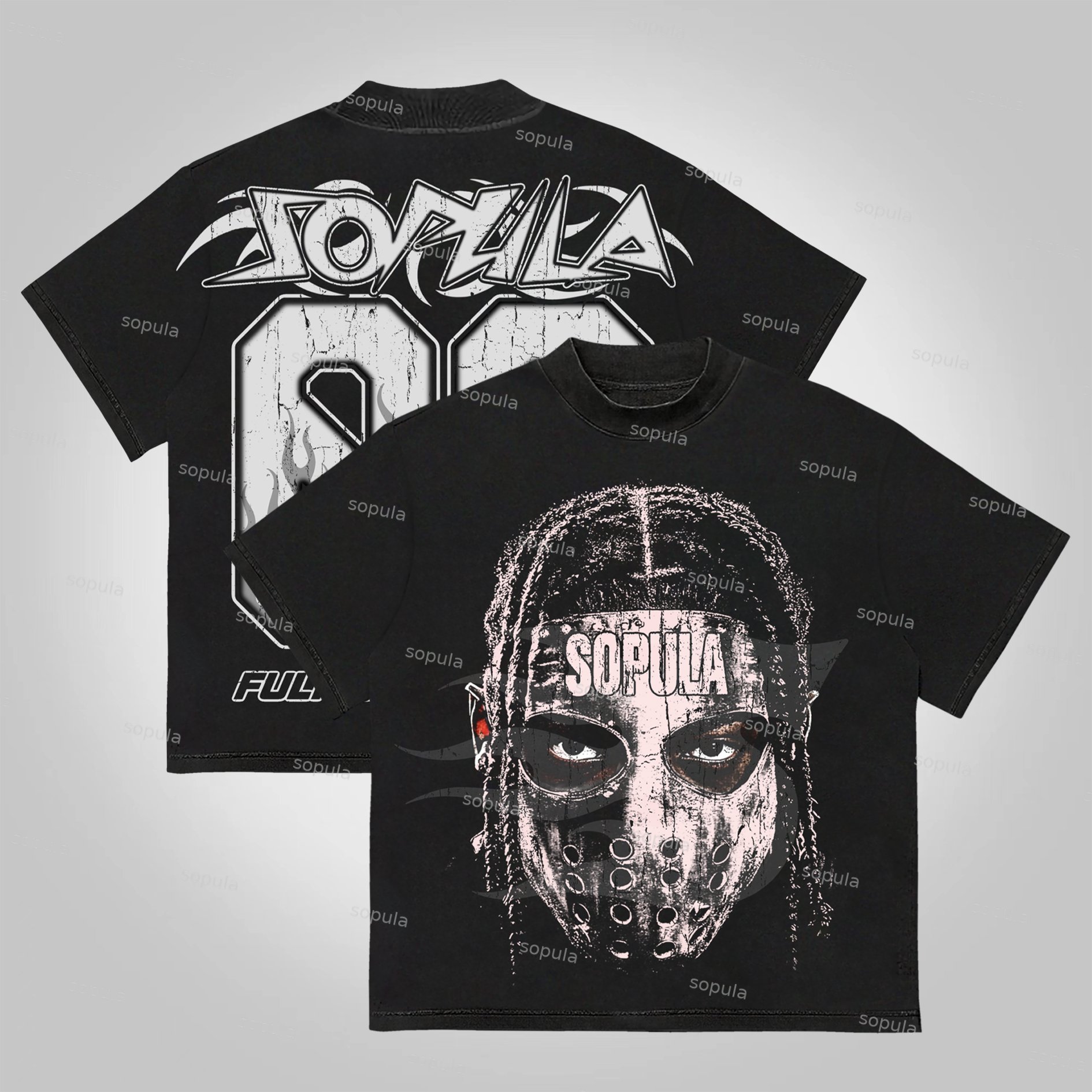 Sopula Vintage Street Dirty Braid Mask Character Big Head Graphic Cotton T-shirt - Sopula｜Premium Graphic Tees & Graphic Clothing