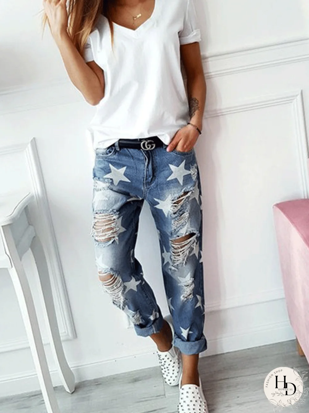 Casual Plus Size Star Ripped Distressed Denim Jeans Jeans