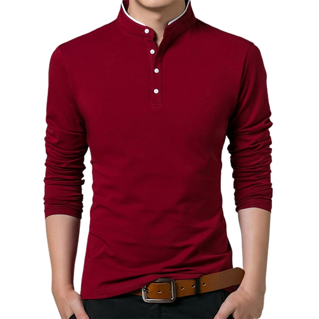 Men Autumn Casual Elegant Work Shirt Solid Color Long Sleeve Stand Collar Base T-shirt Buttons Sweatshirt Plus Size Shirts 4XL