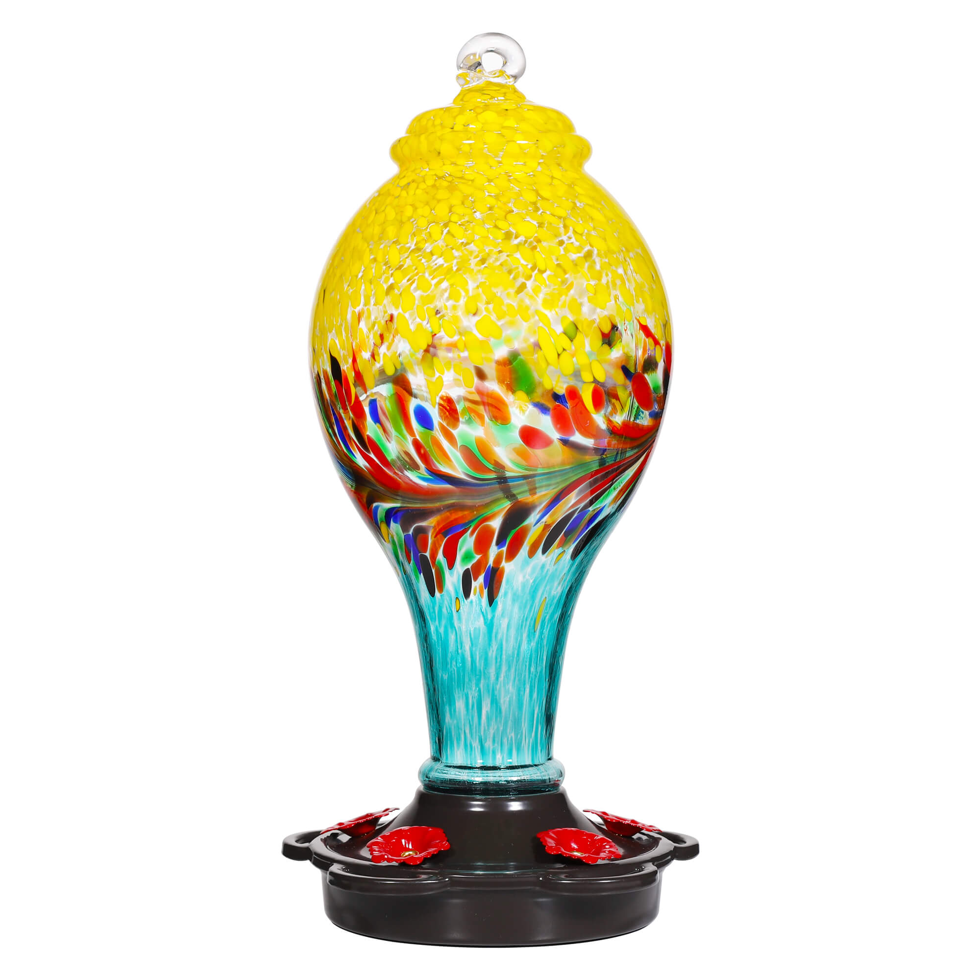LUJII Hand Blown Glass Hummingbird Feeder for Outdoors with Ant Moat, Leak Proof & Rustproof , 36oz, Metal Base Cover with 5 Feeding Ports & 5 Perches, Glass Art for Garden Decor (Blue Mixed Yellow)