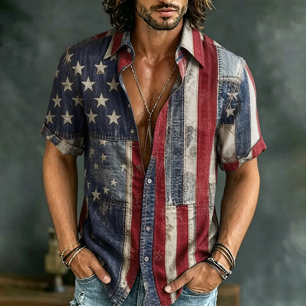  Men's Vintage Independence Day Flag Print Casual Short-sleeve Shirt Westsshops
