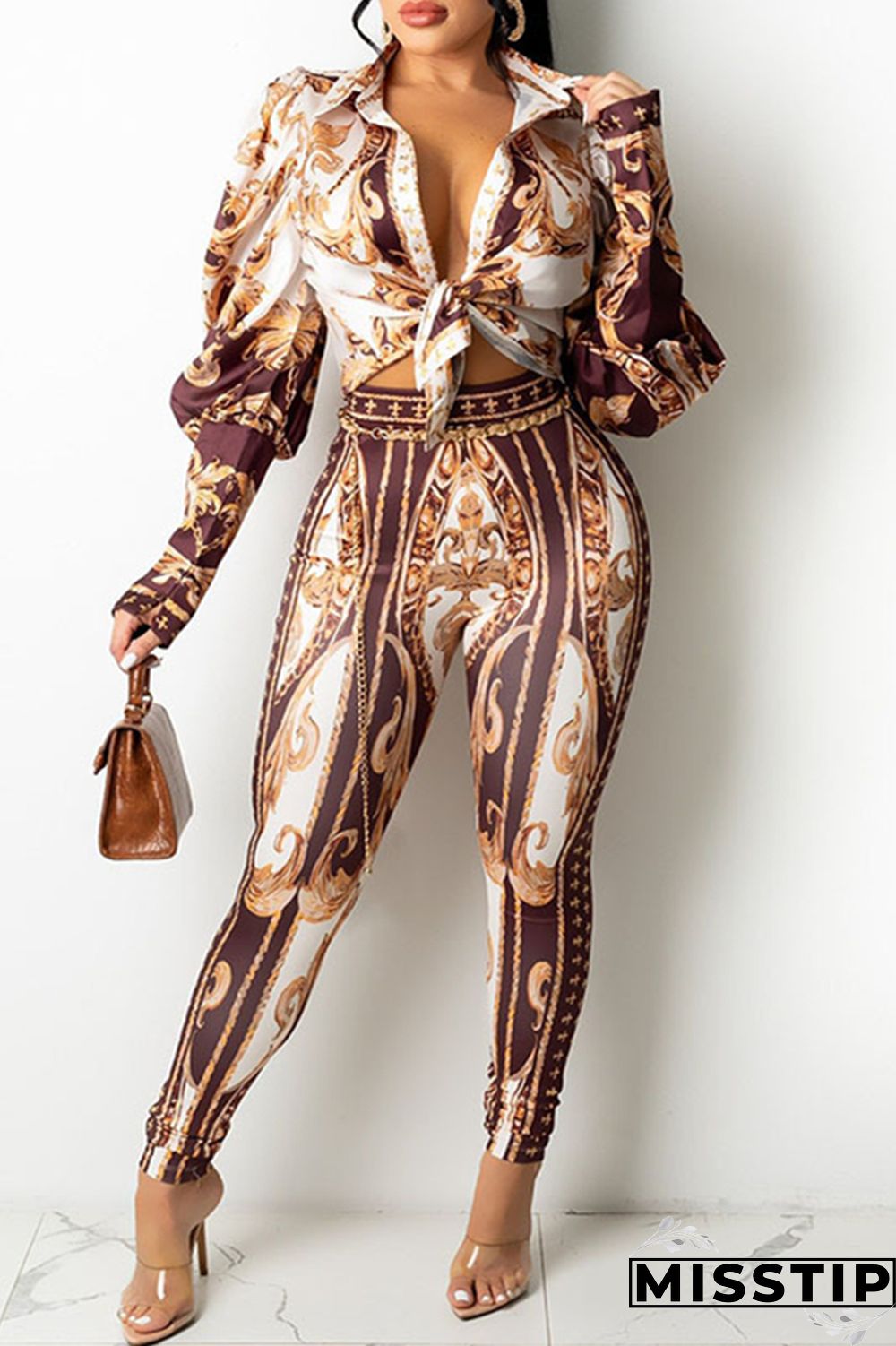 Coffee Fashion Casual Print Basic Turndown Collar Long Sleeve Two Pieces