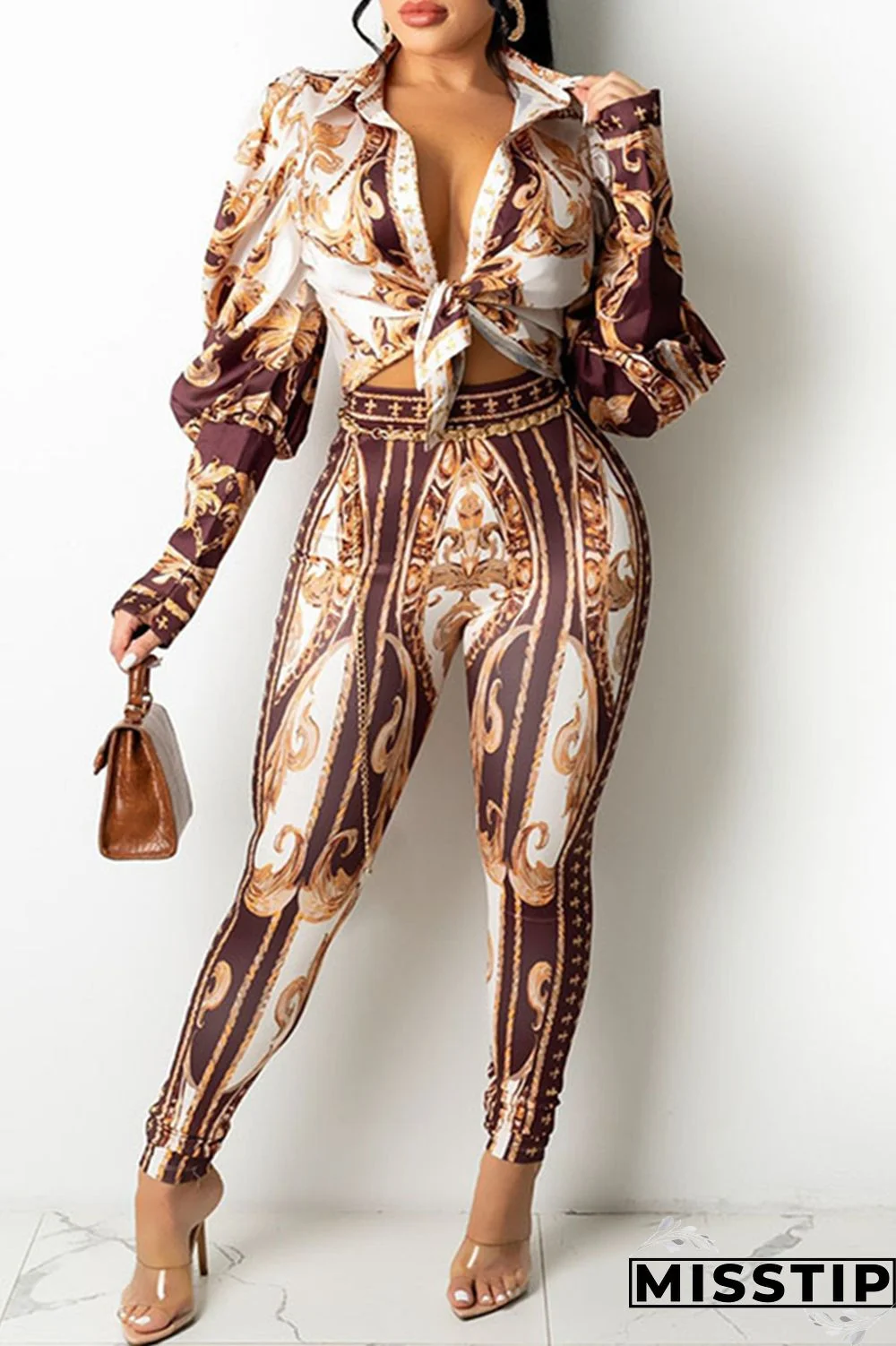 Coffee Fashion Casual Print Basic Turndown Collar Long Sleeve Two Pieces