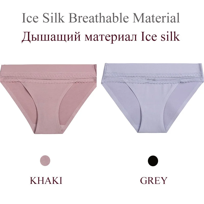 FINETOO 2PCS/Set Woman Lace Sexy Panties Ice Silk Women Underwear Seamless Low-Rise Lingerie Female Breathable Girls Panty 2021