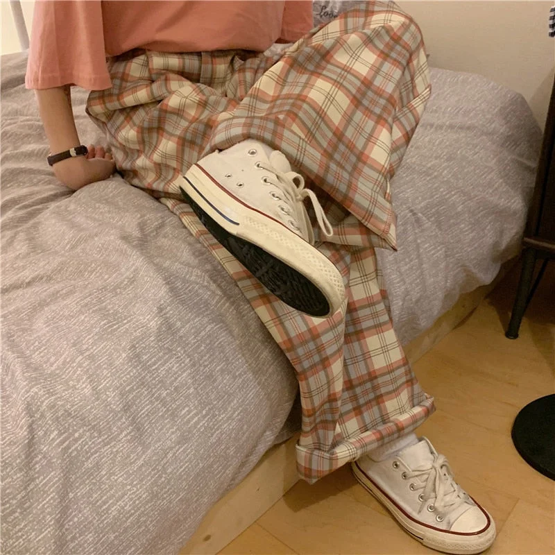 Wide-leg Pants Women Thick Fall Plus Size 4XL Chic Trendy Harajuku Plaid Teens High Waist Trouser Simple Korean Couples Clothing