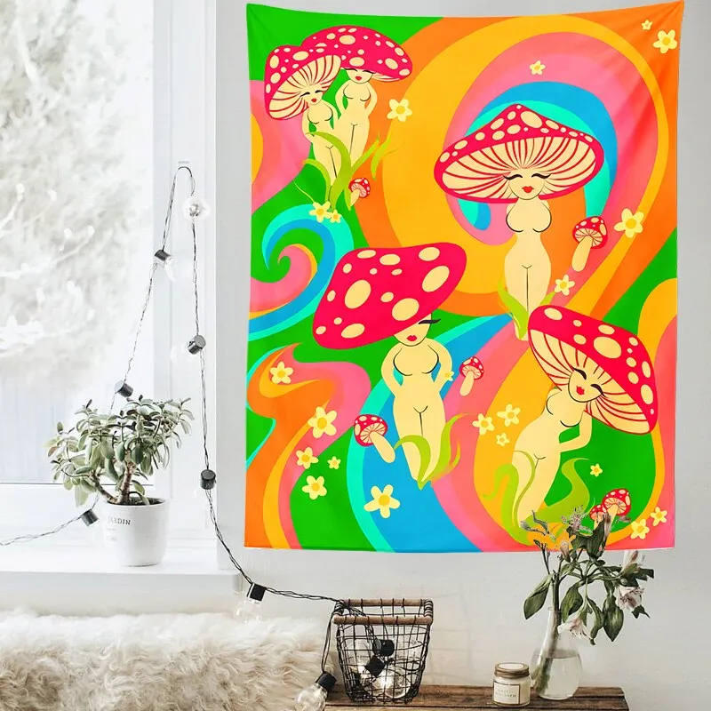 Psychedelic Mushroom girl Tapestry Wall Hanging Mushrooms Tapestries Bohemian Style Gypsy Hippie Mattress Tapestry Decor