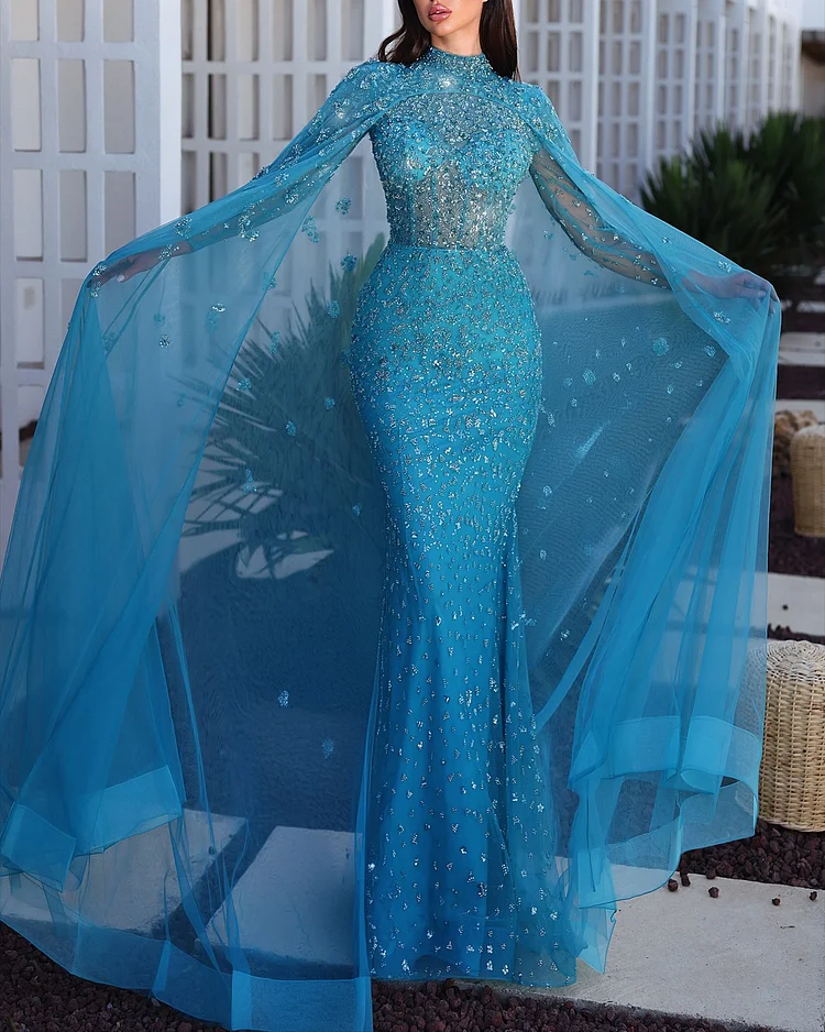 Women's Shawl Mesh Sequin Dress