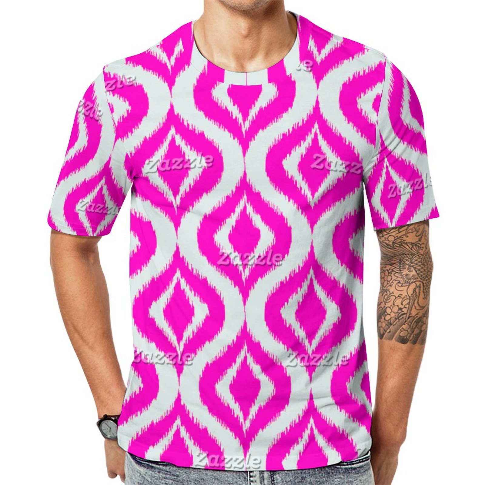 Hip Coral Pink Red Gray Ogee Waves Mosaic Ikat Diamond Short Sleeve Print Unisex Tshirt Summer Casual Tees for Men and Women Coolcoshirts