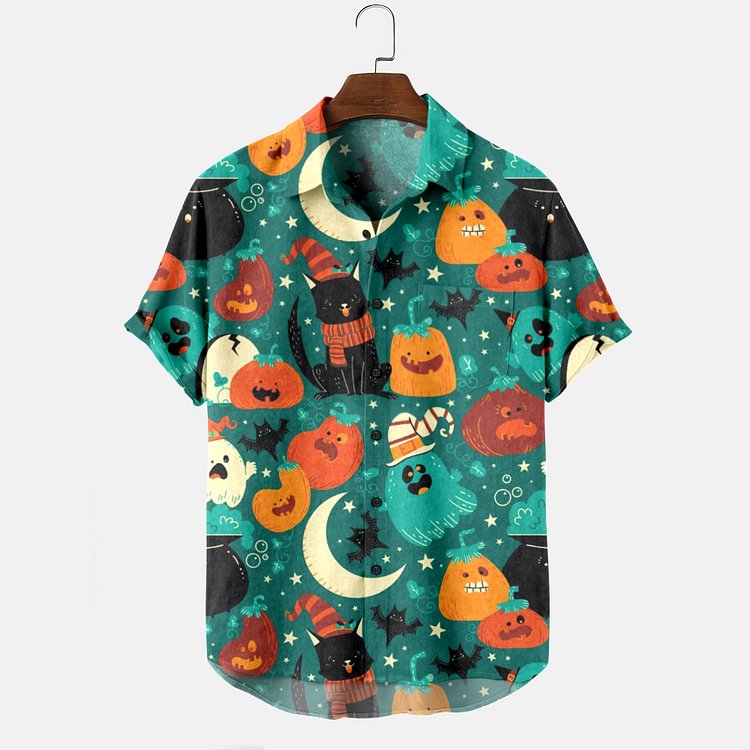 Men's Halloween Cat Print Short Sleeve Shirt