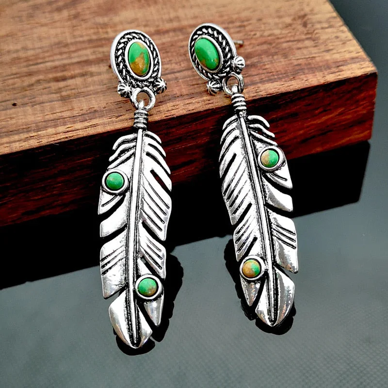 Ethnic Green Stone Feather Earrings Jewelry Vintage Metallic Silver Color Exaggerated Long Pendant Earrings Party Party Ceremony