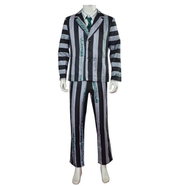 Movie Beetlejuice 2 Beetlejuice (2024) Gray Striated Set Cosplay Costume Outfits Halloween Carnival Suit